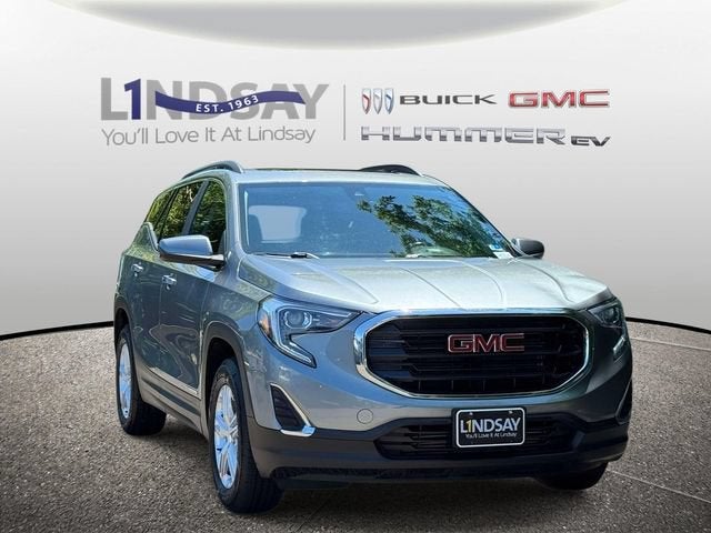 2021 GMC Terrain SLE in Satin Steel Metallic — front three-quarter view